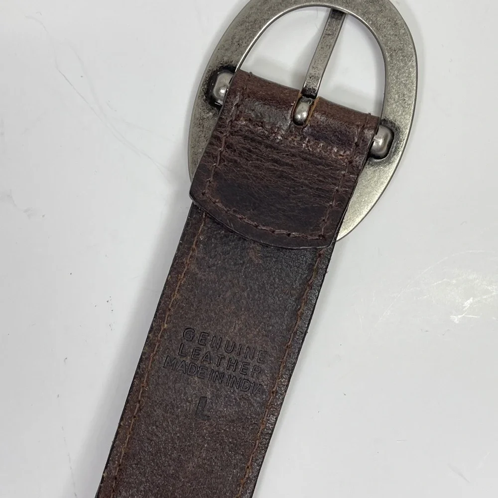 Vintage Genuine Leather Studded Belt Womens L Brown Silver Buckle Boho Western